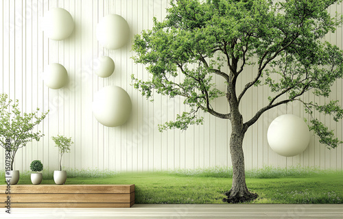 Interior design with modern aesthetic featuring a tree and decorative spheres
