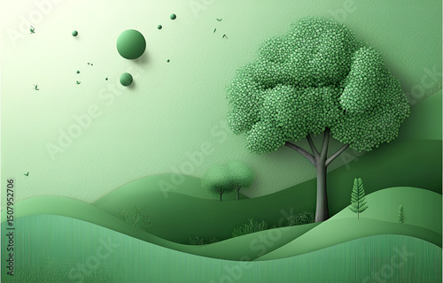 Serene landscape illustration in green tones depicting nature with textured paper cutout style artistry featuring trees and rolling hills