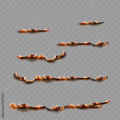 Realistic Burning Paper Edges Isolated Set with Flames Vector
