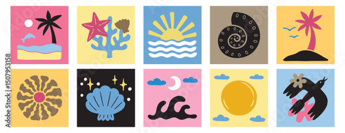 colorful abstract summer doodle silhouette collage elements, organic beach shapes and forms. hand drawn matisse ocean collection. modern elements trendy posters