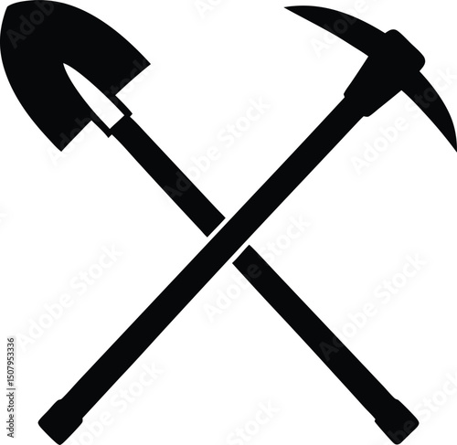 Crossed Shovel and Pickaxe Silhouette – Mining, Construction, Labor Tools Icon