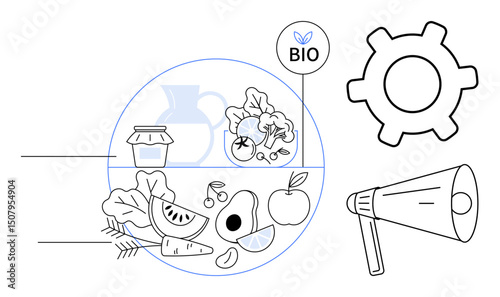 Fresh organic products with bio tag including fruits, vegetables, and jar against gear and megaphone symbols. Ideal for sustainability, healthy lifestyle, agriculture, marketing, eco-innovation, food