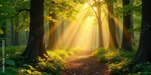 Golden sunlight streams through leaves, casting dappled shadows on a forest floor Warm, inviting, and peaceful scene perfect for nature, wellness, and spring themes , outdoor, forest, beam