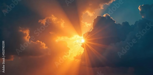 Intense beam of sunlight piercing through dark clouds, creating a dramatic and vibrant light show  Perfect for themes of hope, breakthrough, and renewal ,  yellow,  heavenly light