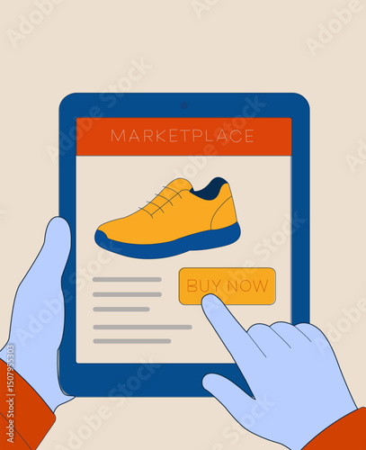 An illustration of shopping for shoes with tablet, the ease of the online marketplace displayed. Hands interact with a tablet interface, purchasing new shoes.