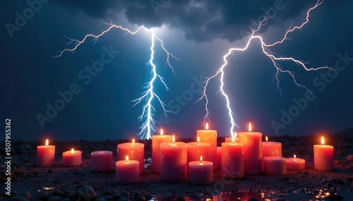 Intricate, branched lightning strikes illuminate a cluster of flickering candles, creating a dramatic, surreal scene of nature's power and serene light ,  flickering,  wonder,  fear