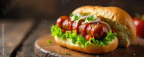 Juicy pork hot dog on a toasted bun, with crisp lettuce and onions A classic comfort food, ready to eat Perfect for a summer barbecue or casual meal , meal, juicy