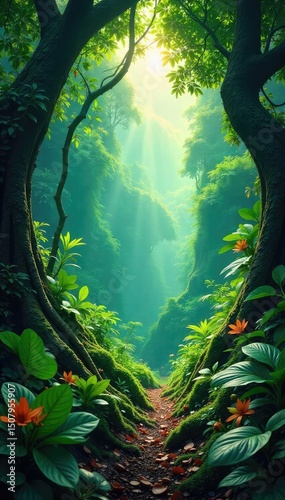 Lush green canopy teeming with life, sunlight dappling the forest floor, vibrant flora and fauna visible amidst the rich biodiversity of a tropical rainforest ,  plants,  flora