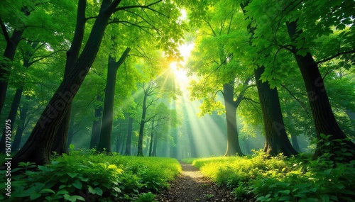 Lush green forest canopy, dappled sunlight filtering through leaves, creating a serene and peaceful atmosphere  Ideal for nature, environmental, and eco-friendly projects ,  undergrowth,  twigs