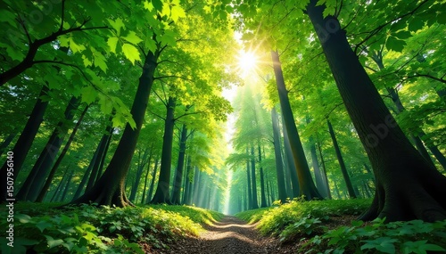 Lush green forest canopy, sunlight dappling through leaves, vibrant foliage, tranquil nature scene  Perfect for environmental, nature, and travel themes , woods, flora