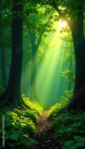 Lush green forest scene, sunlight dappling through leaves, creating a magical atmosphere  Perfect for nature, environmental, and travel themes ,  leaves,  calm,  serene