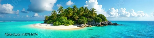 Lush green tropical island paradise with white sand beach and turquoise ocean, idyllic getaway, stunning scenery , flora, summer
