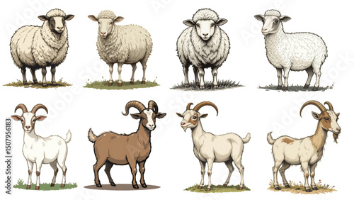 Rural Life Icons: Isolated Sheep and Goats Illustration