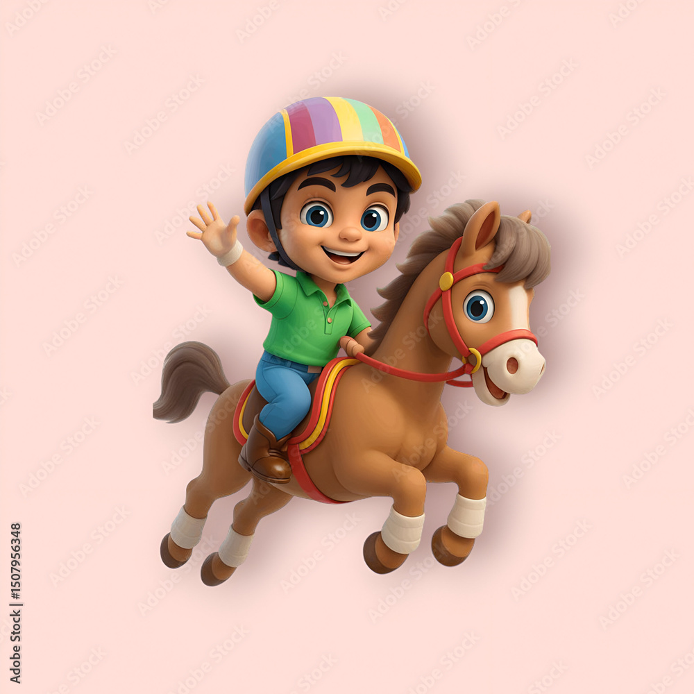 Fototapeta premium Cheerful Boy Riding a Horse, Cartoon Illustration
