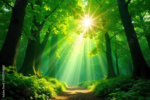 Lush, vibrant green forest canopy, sunlight dappling through leaves, creating a magical, serene atmosphere  Perfect for nature, environmental, and travel themes ,  rich,  shadow