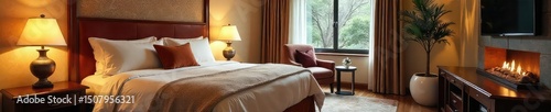Luxurious motel room with plush bedding, fireplace, and modern amenities  Enjoy the elegant ambiance and upscale comfort  Perfect for a relaxing getaway , blanket, towels, bedroom photo