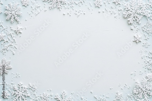 Snowy white snowflakes frame light blue