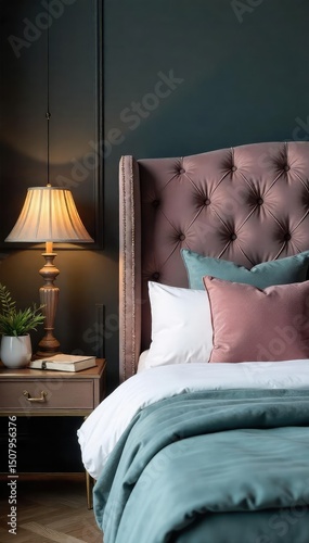 Luxurious upholstered headboard in a modern bedroom, featuring plush velvet fabric and subtle button tufting  Perfect for interior design inspiration , sleeping, texture