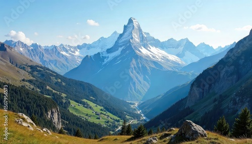 Majestic mountain range forming a natural border, vast and dramatic landscape under a clear sky  Perfect for travel, nature, and geography concepts ,  adventure,  ecology