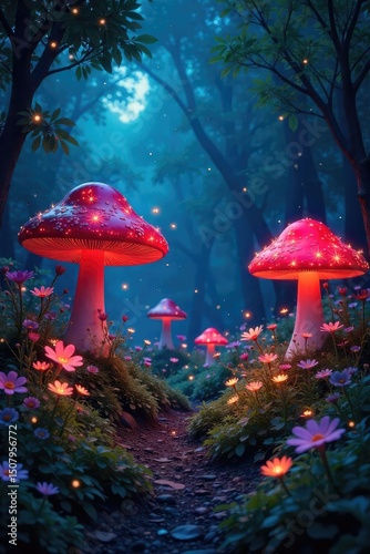 Mysterious, glowing flora illuminate a whimsical garden at twilight Fireflies dance amongst oversized mushrooms and luminous flowers in a magical, enchanted landscape , serenity, night garden