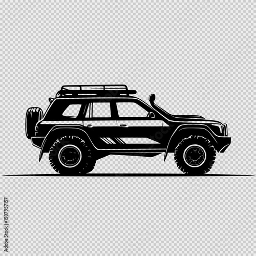 Minimalist Black and White Line Drawing of a Dakar Rally Raid Car with Roof Intake, Heavy Suspension, Spare Tires, and Yellow Accent, Featuring Clean Design and Pastel Touches on White Background
