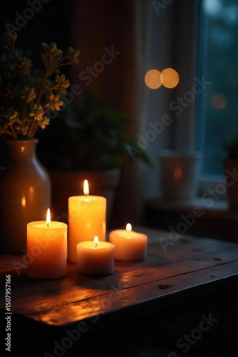 Romantic ambiance created by flickering candlelight, casting a warm glow on a dark wooden table  Perfect for relaxation, meditation, or a cozy evening at home ,  light,  relaxing,  fire