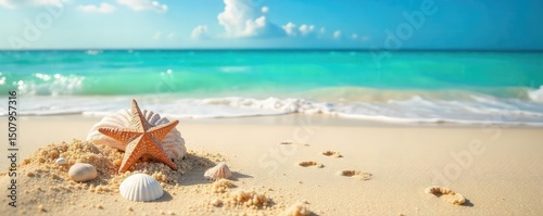 Sandy beach, seashells, and tiny footprints leading to the ocean, symbolizing a relaxing beach vacation  Perfect for travel blogs and summer themes ,  ocean,  coast, beach