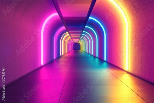 Neon tunnel, vibrant colors, archways