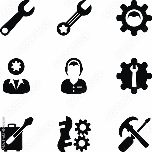 Set of black tool icons including hammer wrench screwdriver and key silhouettes for web and business design