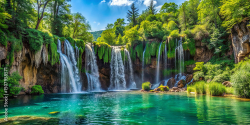 Waterfalls flow gracefully into a clear turquoise lake, surrounded by vibrant green trees and plants. The sun shines brightly, enhancing the tranquil atmosphere of the natural setting