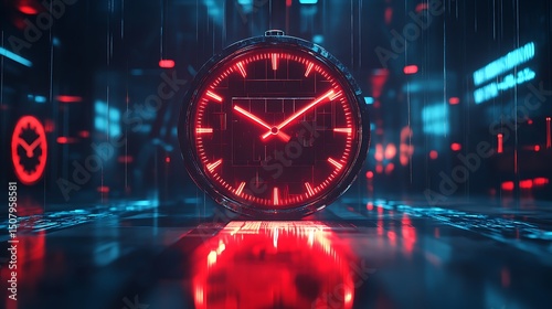 Futuristic digital clock against a backdrop of glowing data streams.