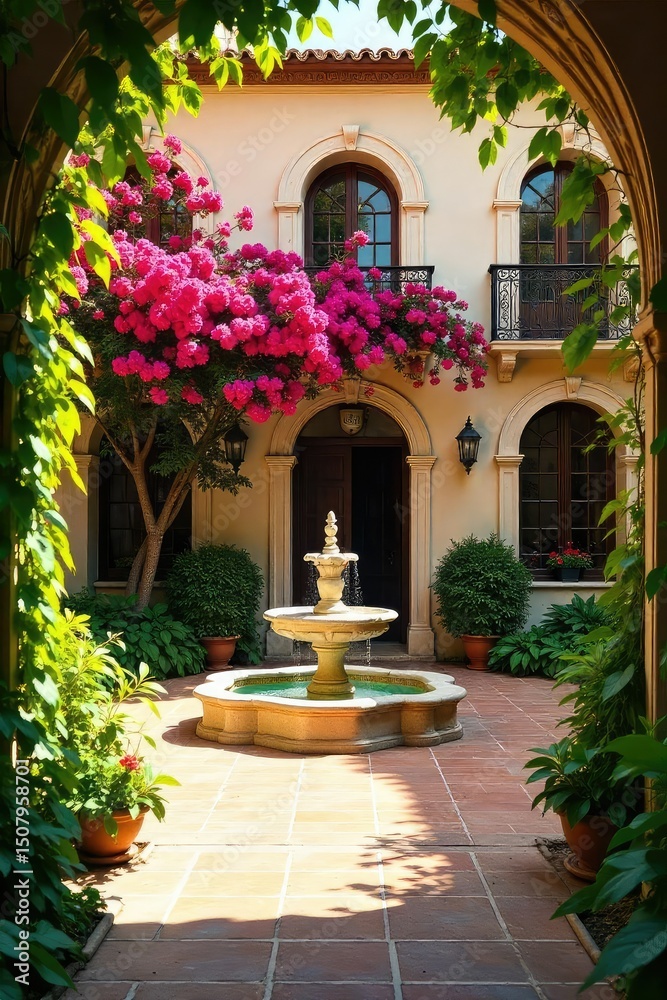 Naklejka premium Sun-drenched Andalusian courtyard, lush greenery, ornate fountain, vibrant bougainvillea, luxurious Spanish architecture, elegant details , sun, courtyard