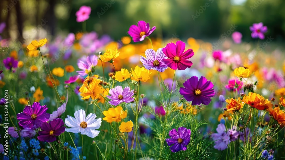 Obraz premium Blooming flowers in meadow inside vibrant tropical paradise concept. A colorful field of wildflowers in full bloom during springtime.