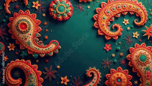 Vibrant paisley print with red, orange, and green hues , floral, red, orange