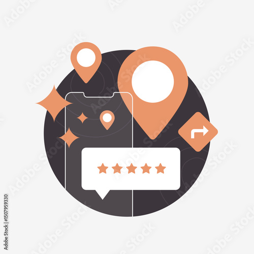 Local business reviews - customer feedback marketing. Local SEO for business, search marketing strategy, improve local rankings. Digital marketing and online presence vector illustration