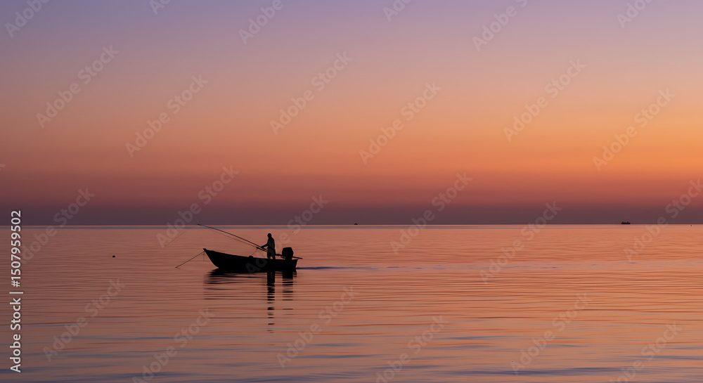 Fototapeta premium Solitary Fisherman in Small Boat at Serene Sunset Ocean Seascape