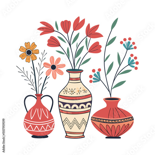 A set of color Clay Flower Vases white clean background