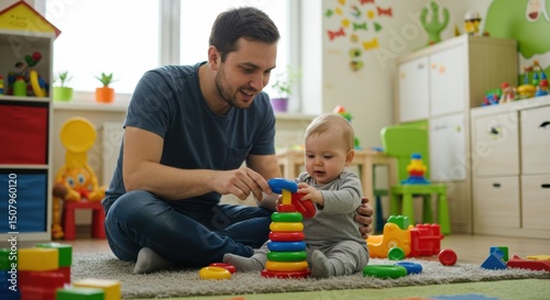 Father and baby playing with colorful building blocks in a playroom