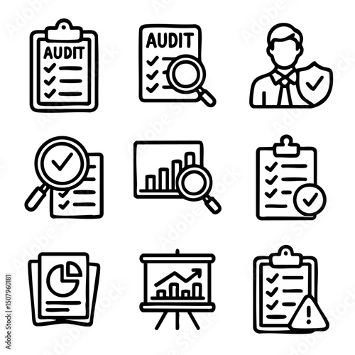 A set of doodle line icons related to audit, financial reports, business analysis, and quality control for professional use