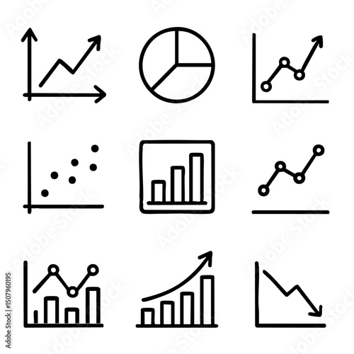 A set of doodle line icons showing bar charts, pie graphs, data points, and financial trends for reports and presentations