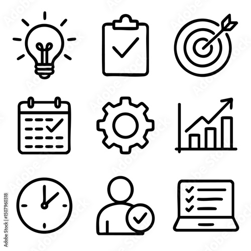 A set of doodle line icons showing productivity, task management, goal setting, time tracking, and success planning tools for work