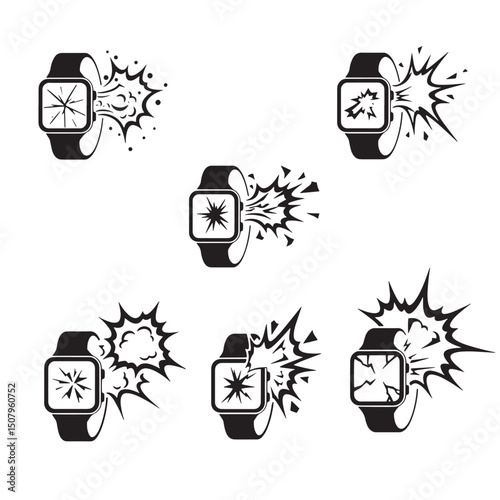 Smartwatch screen explosion set of silhouettes depicting broken glass and shattered displays with impact elements