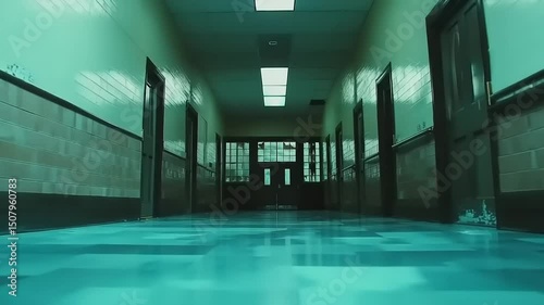 Dimly lit school hallway with shiny floor reflecting light, evoking a sense of solitude and mystery