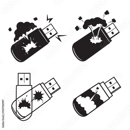 Conceptual black and white illustration depicting data loss corruption and failure of usb flash drives silhouette style