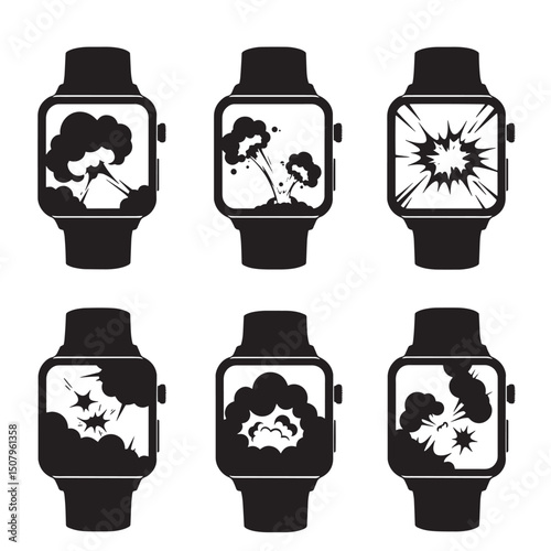 Exploding smartwatch illustrations in black and white featuring explosion silhouette designs for digital technology concepts.