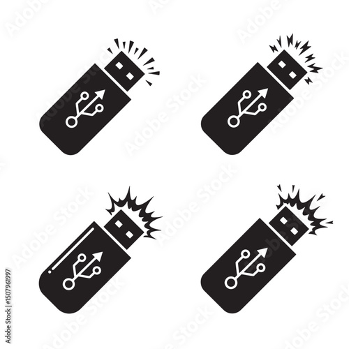 A set of four usb flash drive silhouettes featuring the standard universal serial bus symbol in black and white digital storage concept