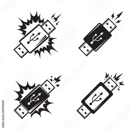 Set of usb flash drive graphic icons with a burst effect and lightning bolt detailing demonstrating digital transfer process.