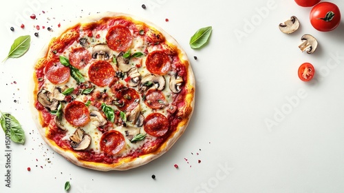 Delicious Pepperoni Pizza with Toppings on White Background photo
