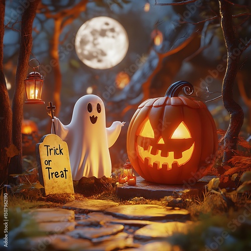 Cute ghost and pumpkin in a spooky forest scene.