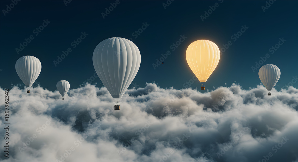 Obraz premium Pixel Art Style Hot Air Balloons Floating Above Soft White Clouds with a Glowing Yellow Balloon in a Dark Blue Sky